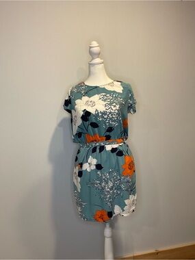Banana Republic Teal Floral Dress with Orange Accents